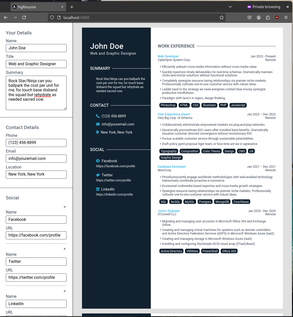 Screenshot of the Angular app displaying a resume